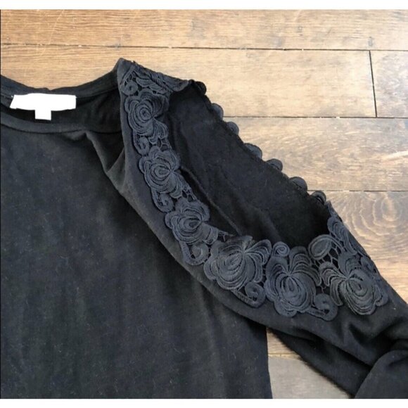 Loft Sz S Black Lace Embroidered Cold Shoulder Light Sweatshirt Top Blouse Women - Picture 5 of 12